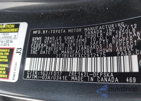 2012 Toyota Corolla S from USA, damaged, VIN 2T1BU4EEXCC912475